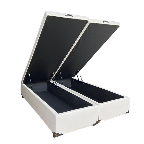 Cama Box Baú Queen Bipartido Sintético Bege Com Pistão A Gás