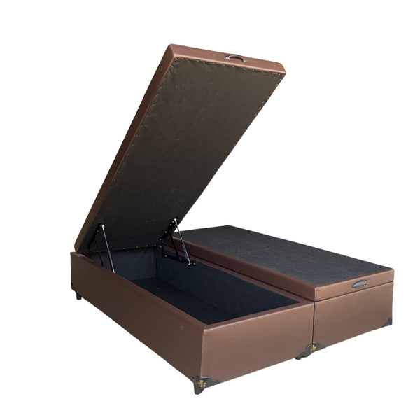 Cama Box Baú Queen Bipartido Sintético Marrom Com Pistão A Gá