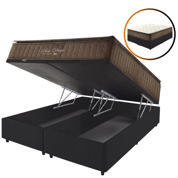 Cama Box Baú Queen Preta + Colchão Molas Ensacadas Pillow Top
