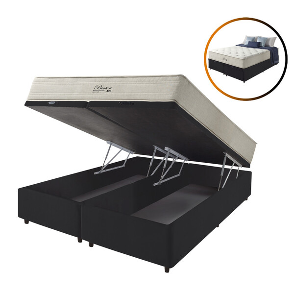 Cama Box Baú Queen Preto + Colchão Molas Ensacadas Hipersoft