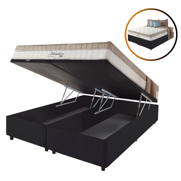 Cama Box Baú Queen Preto + Colchão Molas Ensacadas Houston Pi