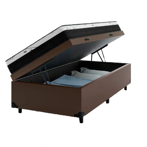 Cama Box Baú Solteiro 88 Tecido Sintético Marrom Com Colchão