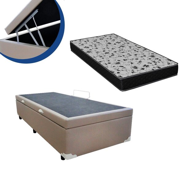 Cama Box Baú Solteiro Colchão Espuma D33 Bordado + Box Bege 5