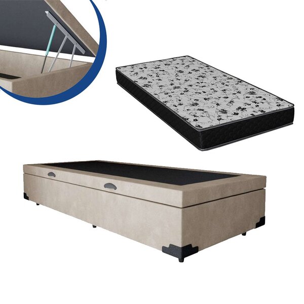 Cama Box Baú Solteiro Colchão Espuma D33 Bordado + Box Bege 5