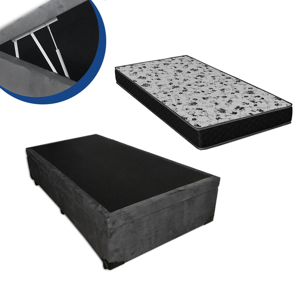 Cama Box Baú Solteiro Colchão Espuma D33 Bordado + Box Suede