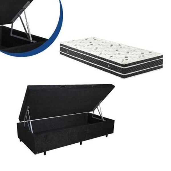 Cama Box Baú Solteiro Colchão Espuma D33 Bordado + Box Suede