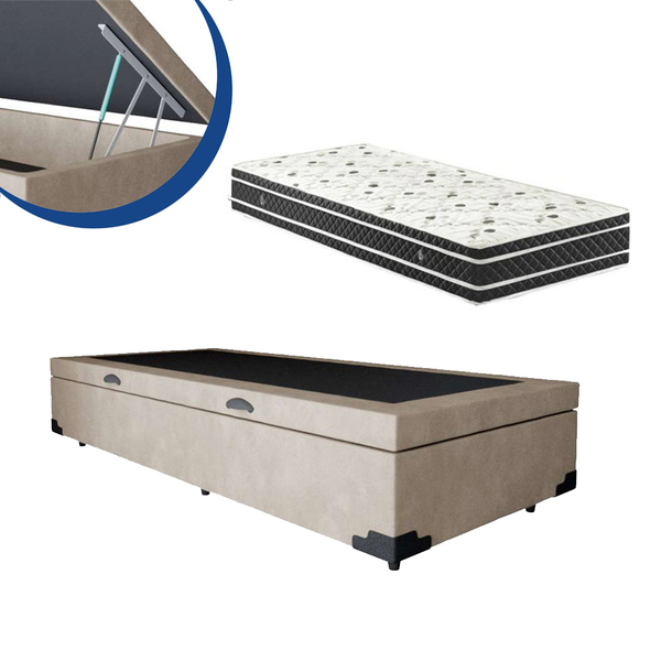 Cama Box Baú Solteiro Colchão Molas Ensacadas + Box Suede Beg