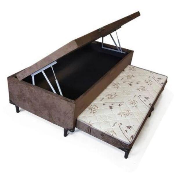 Cama Box Bau Solteiro Com Auxiliar Semi Ortopedica Suede Taba