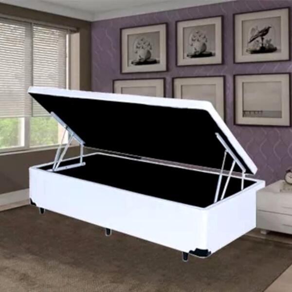 Cama Box Baú Solteiro Especial Blindada Corino Branco 78x188x