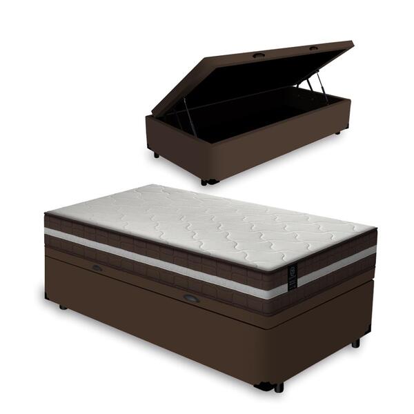 Cama Box Baú Solteiro King Marrom + Colchão Molas - Lucas Hom