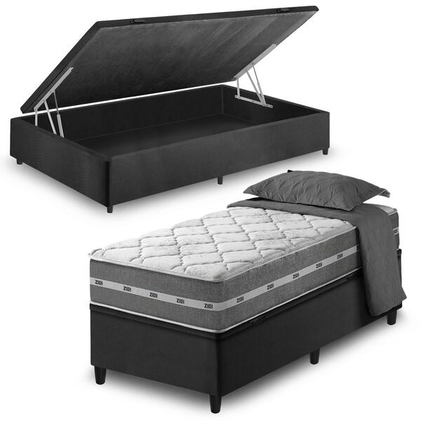 Cama Box Baú Solteiro King Preto + Colchão Molas Ensacadas Zi