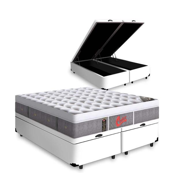 Cama Box Com Baú Queen Branca + Colchão De Molas Ensacadas -