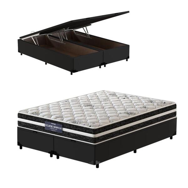 Cama Box Com Baú Queen Preta + Colchão De Molas Ensacadas - P