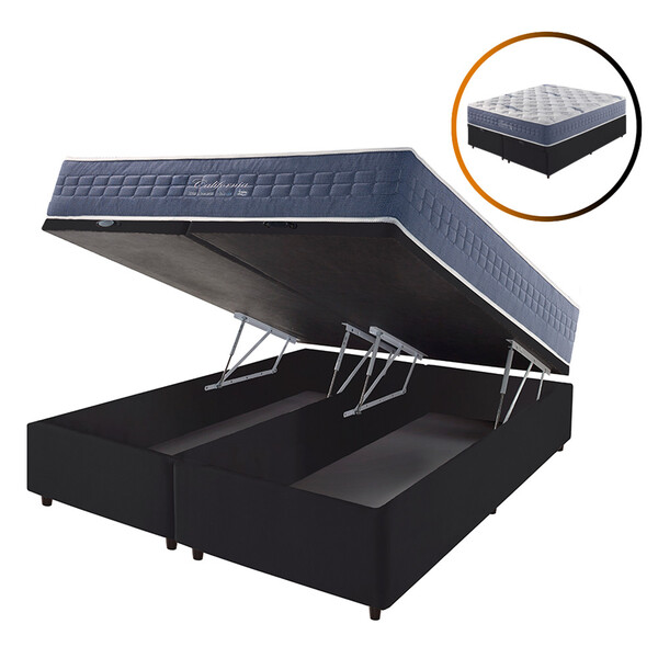 Cama Box Com Baú Queen Preta + Colchão Molas Ensacadas Visco