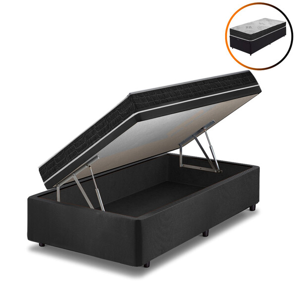 Cama Box Com Baú Solteiro Preta + Colchão San Francisco  Espu