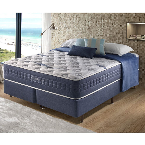 Cama Box King Azul + Colchão Molas Ensacadas Visco Gel California