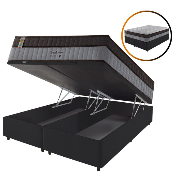 Cama Box Queen Baú Preto + Colchão Molas Ensacadas Suporte 20