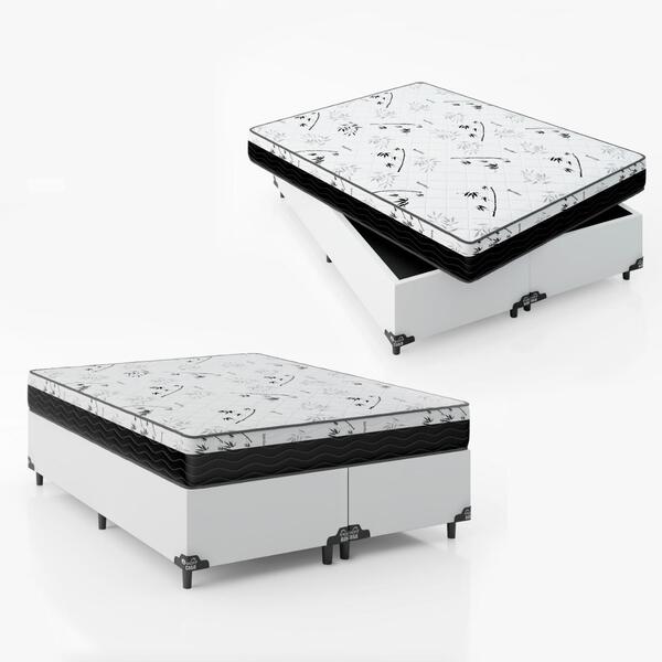 Cama Box Queen Bipartido + Colchão D33 One Face - Couro Branco