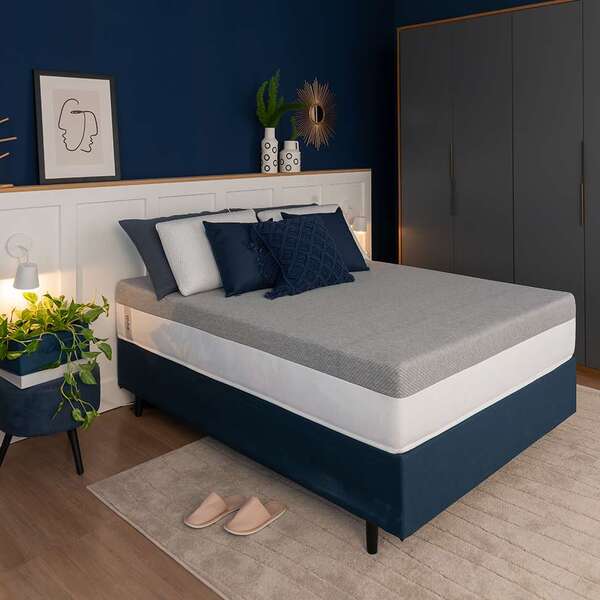 Cama Box Solteiro Azul Com Colchão Guldi Dream Mola Ensacada
