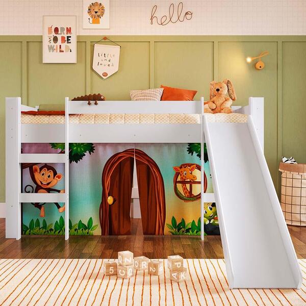 Cama Cabana Infantil Montessoriana Com Escorregador Branco E