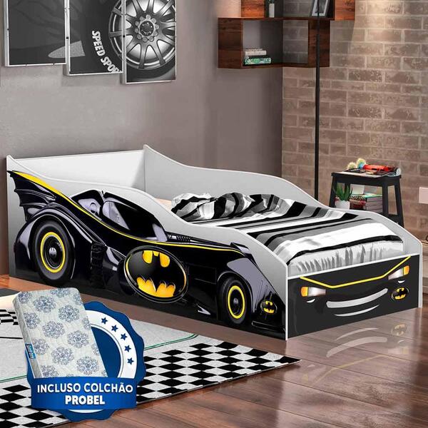 Cama Carro Batman Infantil Preto Gabrielli Móveis Com Colchão