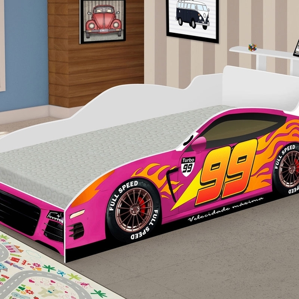 Cama Carro Corrida Infantil Rosa com Colchão