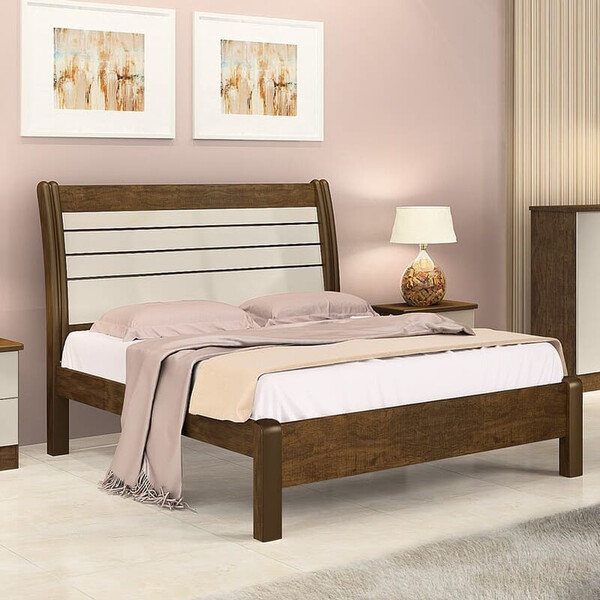 Cama Casal Com Detalhe Ripado - Esmeralda Queen-ypê/off White
