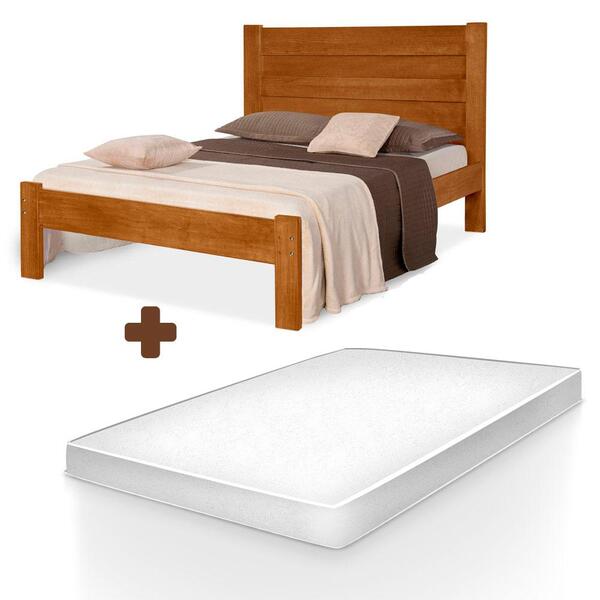 Cama Casal De Madeira Maciça Lara Atraente Castanho Com Colch