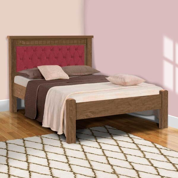 Cama Casal Em Mdf Reforçada Castanho Com Capitonê Vinho Mega