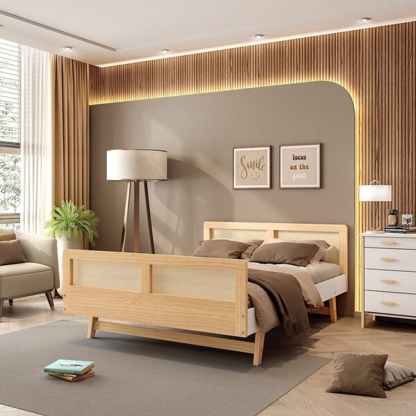 Cama Casal Lift Em Madeira Maciça Com Rattan Casatema Madeira