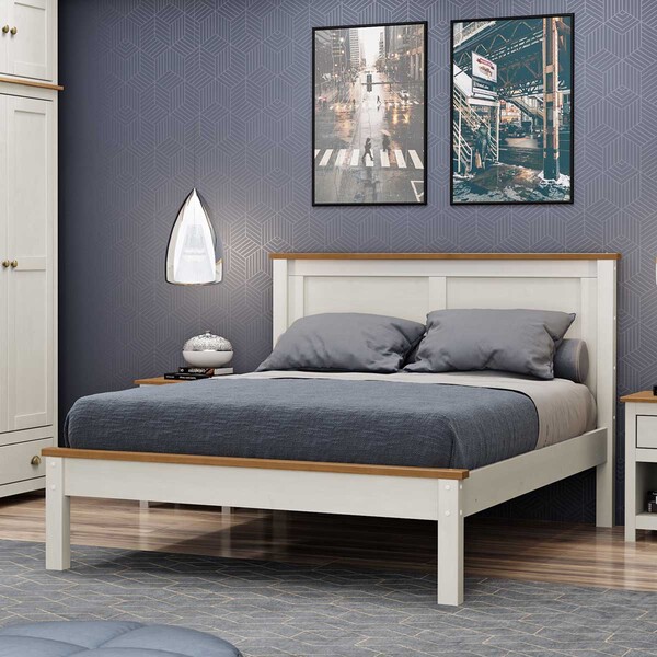 Cama Casal Linha Topázio Branco Lavado/teca Madeira Maciça Pi