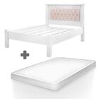Cama Casal Mdf Branca Com Capitonê Bege Mega Fênix Com Colchã