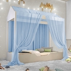 Cama Casinha Montessori Solteiro Com Mosquiteiro Azul