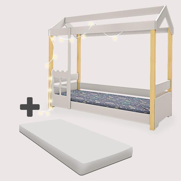 Cama Casinha Montessoriana Com Led E Colchão Solteiro Branco