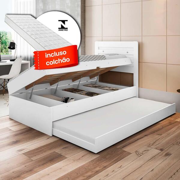 Cama Com Baú Solteiro Com Auxiliar E 2 Colchões Larissa Branc