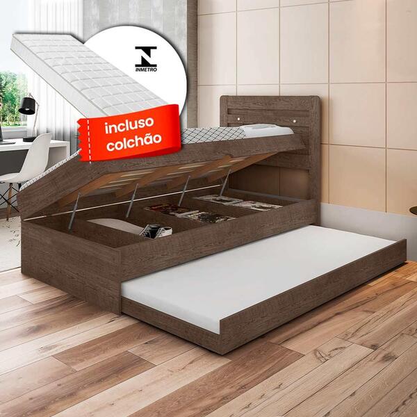 Cama Com Baú Solteiro Com Auxiliar E 2 Colchões Larissa Choco