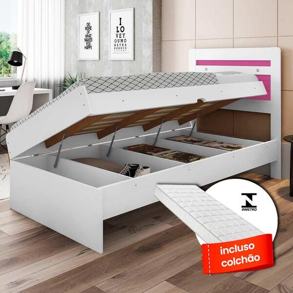 Cama Com Baú Solteiro Com Colchão Larissa Branco Rosa Framar
