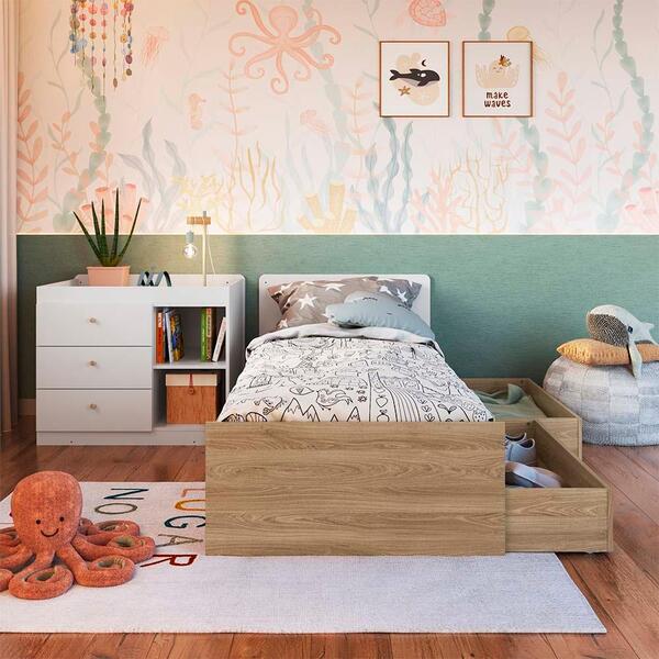 Cama Com Cômoda E Gavetões 3 Em 1 Aveiro Oak Branco Judith Sh