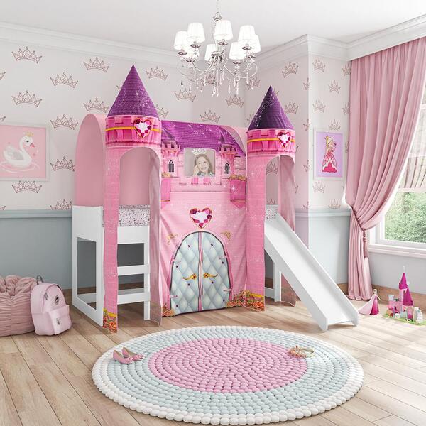 Cama Com Dossel E Escorregador 2 Torres Freud Branco E Rosa