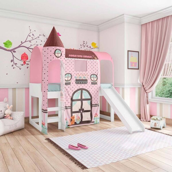 Cama Com Escorregador Joy Com Dossel Doce Casinha 1 Torre E L De Led ...