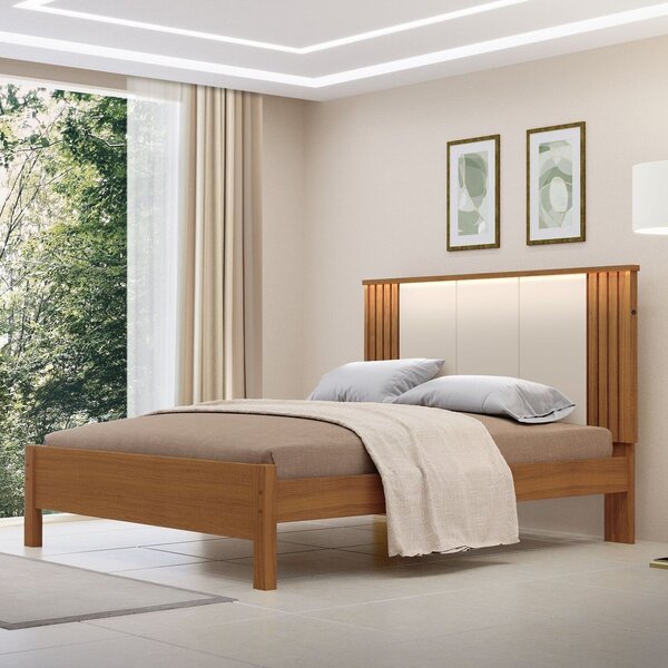 Cama De Casal 100% Mdf Com Led 123cm X 175cm Duo Freijó / Off