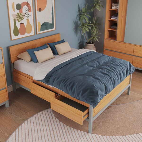 Cama De Casal Em Madeira Maciça 147cm X 198cm Square Natural