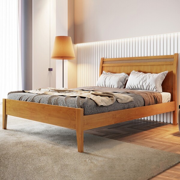 Cama De Casal Esmeralda 140cm Madeira Maciça Amêndoa Mel - Jo