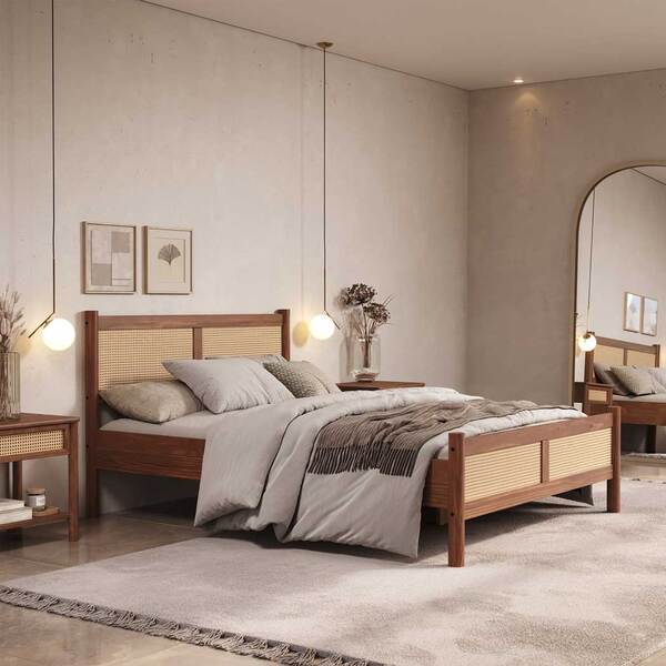 Cama De Casal Madeira Maciça Com Rattan 140 X 190 Cm Castanho