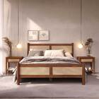 Cama De Casal Madeira Maciça Com Rattan 140 X 190 Cm Castanho