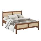 Cama De Casal Madeira Maciça Com Rattan 140 X 190 Cm Castanho