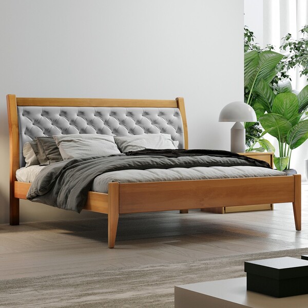 Cama De Casal Vivare 147cm Madeira Maciça Amêndoa Mel/veludo
