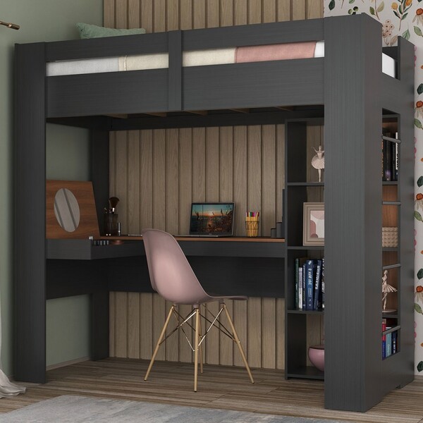 Cama De Solteiro Alta Multifuncional Grafite/nogal - Hecol Mó