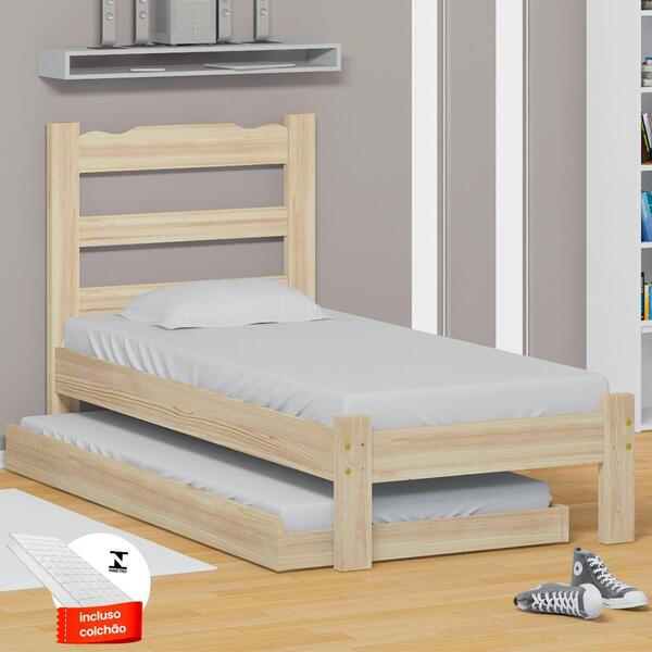Cama De Solteiro De Madeira Crua Com Auxiliar E 2 Colchões Es