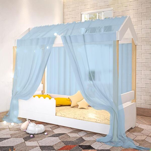 Cama De Solteiro Poppy Branco Com Voal Azul E Led